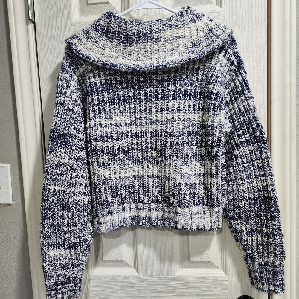 Sundance Women's Chunky Knit Zip Up Sweater Blue White Marled Collared Size S - Picture 13 of 15